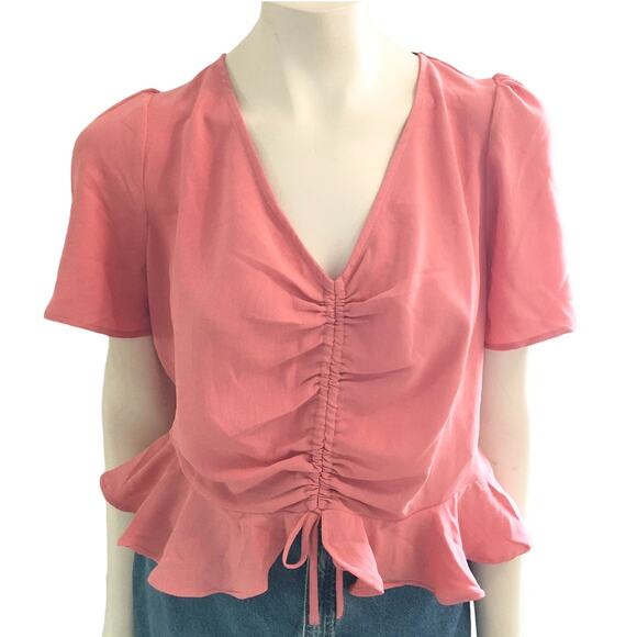 NWT FOREVER 21 Cropped Peplum Blouse Ruched front w/ tie Smocked back SZ 14 - Picture 1 of 9